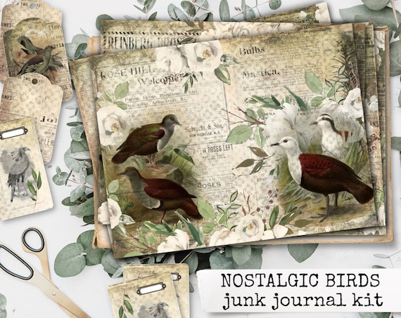 NOSTALGIC BIRDS vintage Vögel Junk Journal Kit Papier herunterladen Papierset Notizbücher, Scrapbook, Bastelpapier für Junk Journals 8,5x11