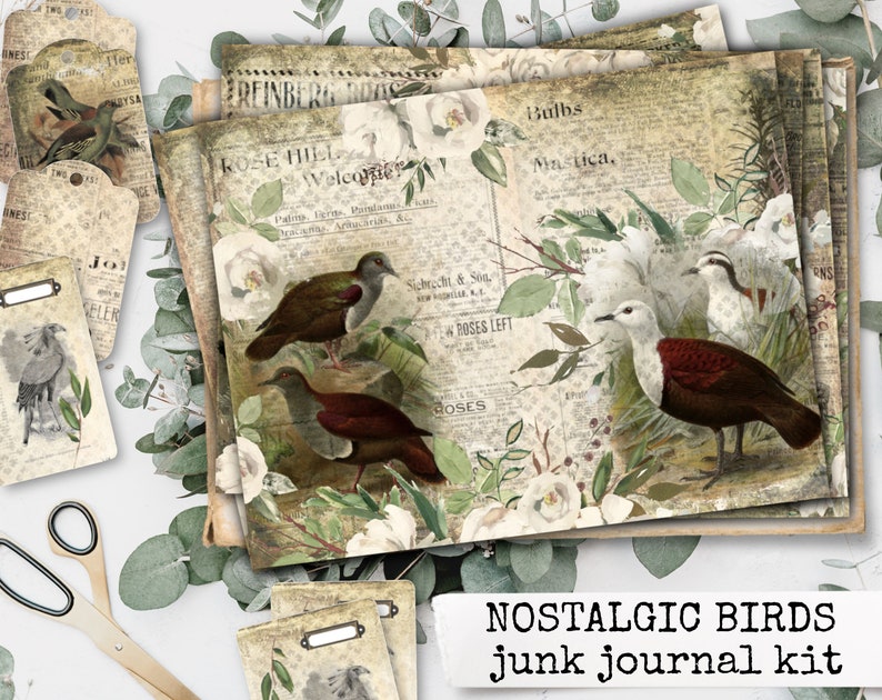 May include: A digital junk journal kit featuring vintage illustrations of birds and flowers. The kit includes several papers with a distressed, aged look, perfect for scrapbooking and mixed media projects. The text on the papers includes "Rose Hill", "Welcome", "Bulbs Mastica", and "Sichrecht & Son".