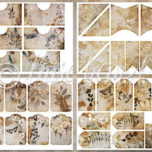 May include: A set of 20 digital printable scrapbook paper elements featuring a vintage aesthetic with brown, beige, and white colors. The elements include tags, banners, and pockets with floral and butterfly designs.
