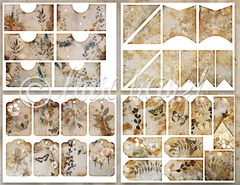 May include: A set of 20 digital printable scrapbook paper elements featuring a vintage aesthetic with brown, beige, and white colors. The elements include tags, banners, and pockets with floral and butterfly designs.