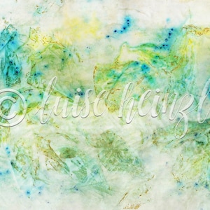 May include: Abstract watercolor painting with shades of blue, green, and yellow. The background is a light beige color. The painting has a textured look, with small dots of blue paint scattered throughout.