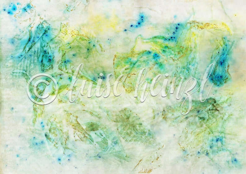 May include: Abstract watercolor painting with shades of blue, green, and yellow. The background is a light beige color. The painting has a textured look, with small dots of blue paint scattered throughout.