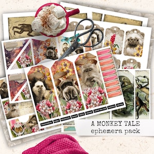 a monkey tale junk journal ephemera, ape digital ephemera, ephemera pack for scrapbook, paper crafting, whimsical chimp scrapbook paper