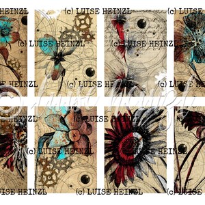 May include: A digital collage of six vintage-style images featuring flowers with steampunk elements. The flowers are in shades of blue, red, and white, and the steampunk elements include gears, cogs, and other mechanical parts. The background is a textured paper with a vintage look.