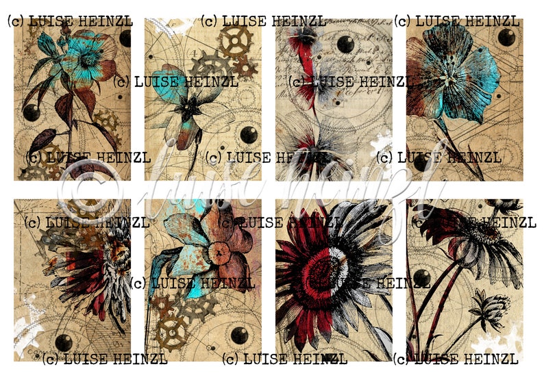 May include: A digital collage of six vintage-style images featuring flowers with steampunk elements. The flowers are in shades of blue, red, and white, and the steampunk elements include gears, cogs, and other mechanical parts. The background is a textured paper with a vintage look.