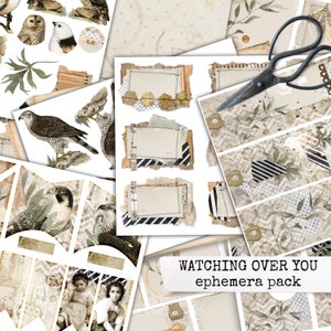WATCHING OVER YOU pacchetto effimero per diario spazzatura effimeri uccelli donne tag vintage abbellimento effimero vintage download digitale 8.5x11