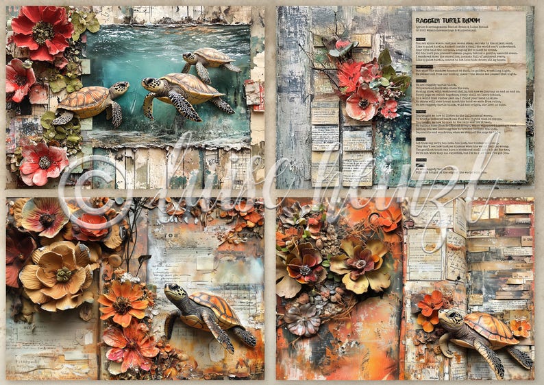 RAGGEDY TURTLE BLOOM Floral Junk Journal Kit, Printable Paper ...