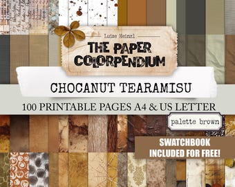 May include: A collection of printable paper pages in various brown tones, with textures and patterns. The image includes a label that reads "THE PAPER COLORPENDIUM" and "CHOCANUT TEARAMISU". The text "100 PRINTABLE PAGES A4 & US LETTER" is also visible.