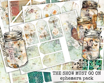the show must go on junk journal ephemera pack, collage sheets for handmade notebooks & paper craft projects, instant download