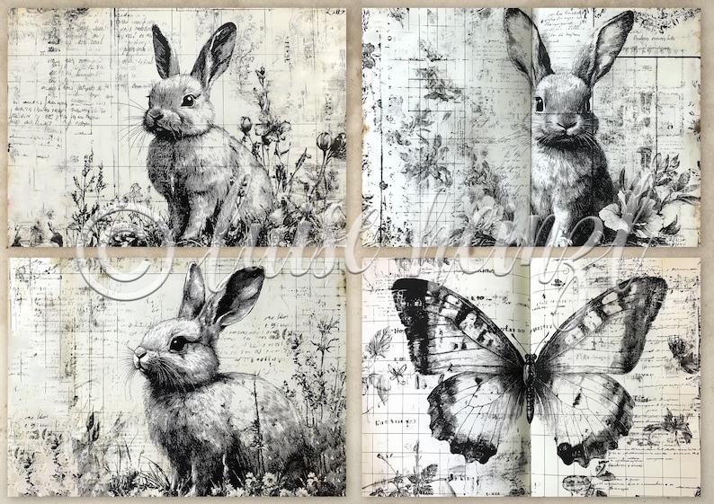 K&ouml;nnte beinhalten: Schwarz-Wei&szlig;-Collage mit Kaninchen und einem Schmetterling. Die Bilder haben eine Vintage-&Auml;sthetik mit Schrift- und floralen Elementen. Die Kaninchen-Illustrationen sind detailliert, und der Schmetterling hat komplizierte Fl&uuml;gelmuster.