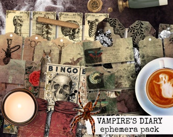 VAMPIRE'S DIARY DIN A4 junk journal ephemera, vampire's diary, vampire gothic halloween ephemera for junk journals 21x29.7
