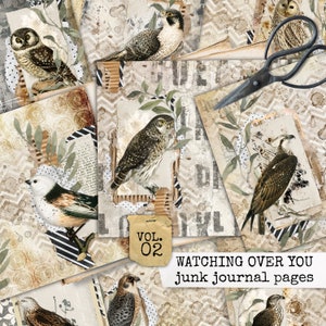 WATCHING OVER YOU junk journal pages, birds, hawk junk journal paper, instant digital download collage sheets for junk journal, scrapbook