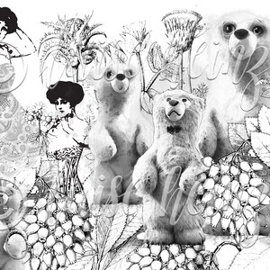 May include: Black and white illustration of two teddy bears standing in a garden with a woman in a lace dress and a woman in a corset. The garden has flowers and leaves.