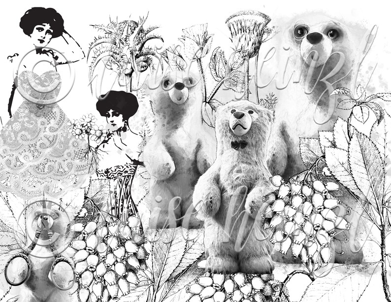 May include: Black and white illustration of two teddy bears standing in a garden with a woman in a lace dress and a woman in a corset. The garden has flowers and leaves.