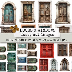 May include: A collection of digital images featuring various doors and windows. The images include weathered wooden doors in shades of blue, brown, and red, along with window shutters. Text on the image reads "DOORS & WINDOWS fussy cut images".
