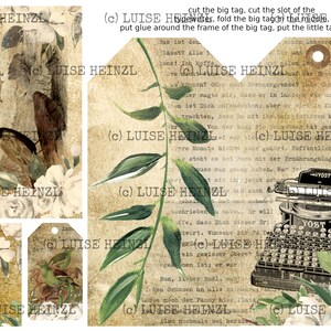 May include: A set of four vintage-style gift tags with a floral and bird theme. The tags are printed with the text "(c) LUISE HEINZL" and feature a typewriter, a bird's nest, and a floral design.