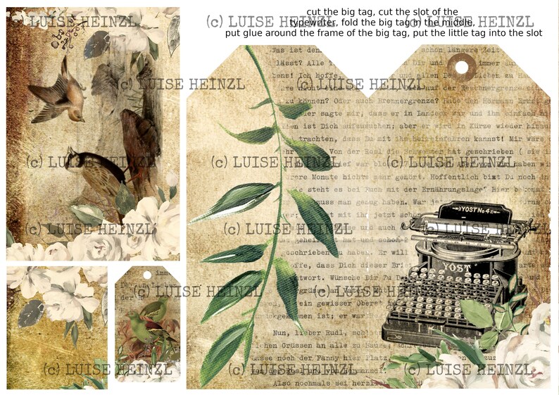 May include: A set of four vintage-style gift tags with a floral and bird theme. The tags are printed with the text "(c) LUISE HEINZL" and feature a typewriter, a bird's nest, and a floral design.