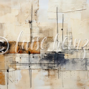 May include: Abstract painting with a textured, layered surface. The painting features a mix of beige, brown, and gray tones with black lines and grid patterns.