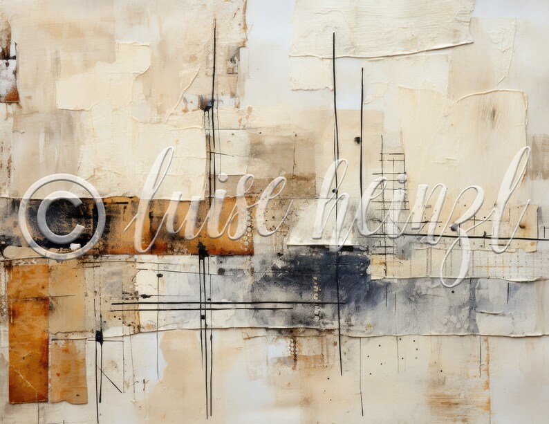 May include: Abstract painting with a textured, layered surface. The painting features a mix of beige, brown, and gray tones with black lines and grid patterns.