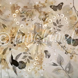 May include: A watercolor painting of a floral arrangement with butterflies and hummingbirds. The flowers are white and the leaves are a light brown. The background is a light beige with a subtle texture.