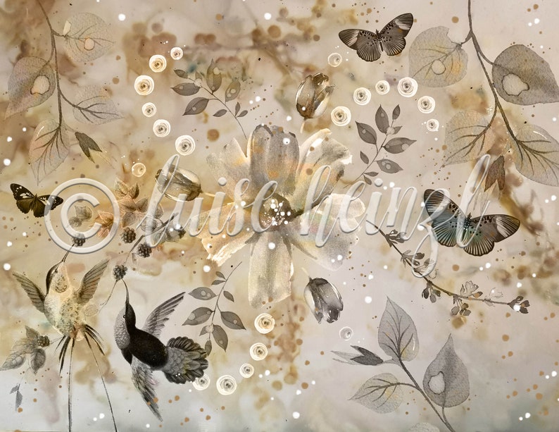May include: A watercolor painting of a floral arrangement with butterflies and hummingbirds. The flowers are white and the leaves are a light brown. The background is a light beige with a subtle texture.