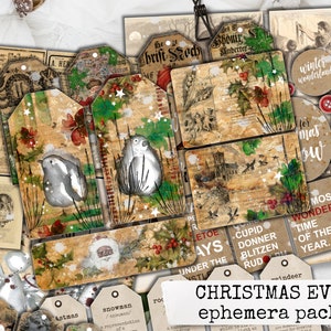 Puede incluir: Un paquete digital imprimible de efímeras de Nochebuena con una estética vintage. El paquete incluye etiquetas, tarjetas y otros elementos con ilustraciones de pingüinos, muñecos de nieve y otras imágenes invernales. El texto "Christmas Eve ephemera pack" está incluido en la imagen.