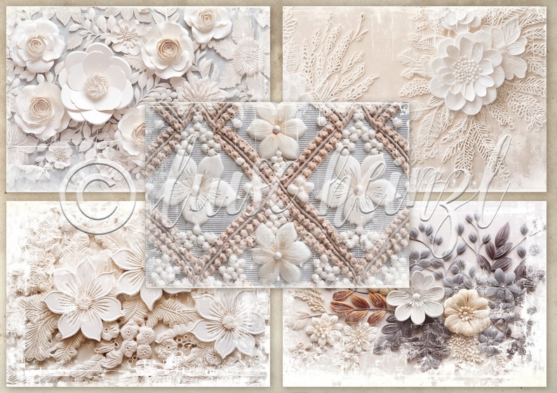 EMBROIDERY PAPER junk journal pages, embroidered paper flowers on fine crochet lace, background pages junk journals, collage sheets 21x29.7 image 5