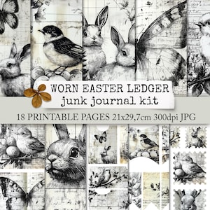Kit de journal de Pâques usé, papier de livre de Pâques numérique, lapins, poussins, oiseaux, papillons et fleurs, papier collage, 21x29,7