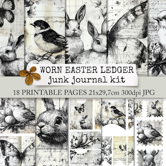 WORN EASTER LEDGER junk journal kit, digitales Osterbuchpapier, Hasen, Küken, Vögel, Schmetterlinge & Blumen, Collagepapier, 21x29,7