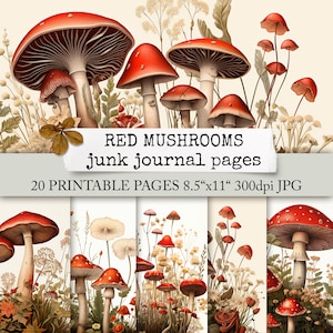 RED MUSHROOMS junk journal pages, fly agaric paper, forest & fall, digital newspaper, diary, Scrapbook, digital printable Download 8,5x11