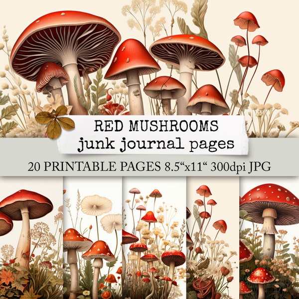 RED MUSHROOMS junk journal pages, fly agaric paper, forest & fall, digital newspaper, diary, Scrapbook, digital printable Download 8,5x11