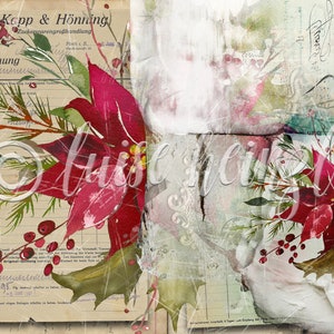 Op de afbeelding: Een vintage, verweerde, papieren achtergrond met een aquarel schilderij van rode kerststerren, groene bladeren en rode bessen. Het papier heeft een rasterpatroon en de tekst "Kupp & Honning" en "Rechnung" is zichtbaar.