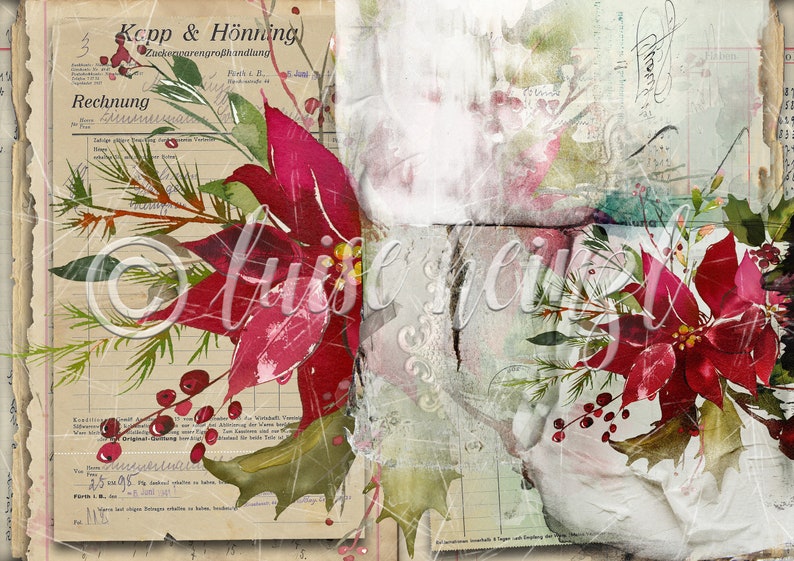 Op de afbeelding: Een vintage, verweerde, papieren achtergrond met een aquarel schilderij van rode kerststerren, groene bladeren en rode bessen. Het papier heeft een rasterpatroon en de tekst "Kupp & Honning" en "Rechnung" is zichtbaar.
