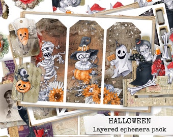 HALLOWEEN layered ephemera pack, halloween ephemera for junk journal, scrapbooking halloween, handmade journals, digital download 21x29,7