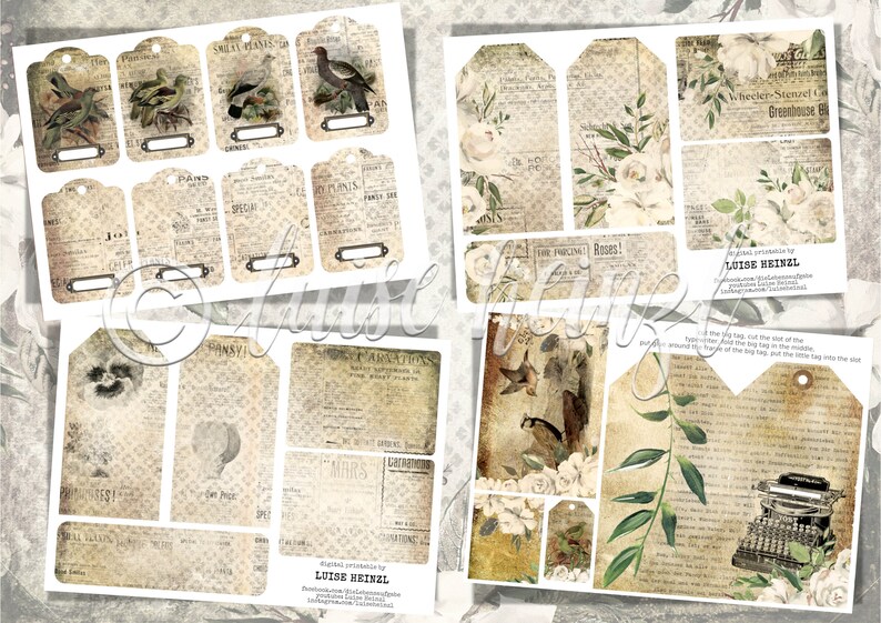 May include: A set of vintage-style printable tags featuring images of birds, flowers, and text. The tags are designed for scrapbooking, card making, and other paper crafts.