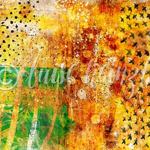Op de afbeelding: Abstract schilderij in een geel, oranje en groene kleurstelling. Het schilderij heeft verschillende texturen, waaronder stippen, spatten en penseelstreken. Het schilderij is onderaan links gesigneerd met "Bliss Brinkl".