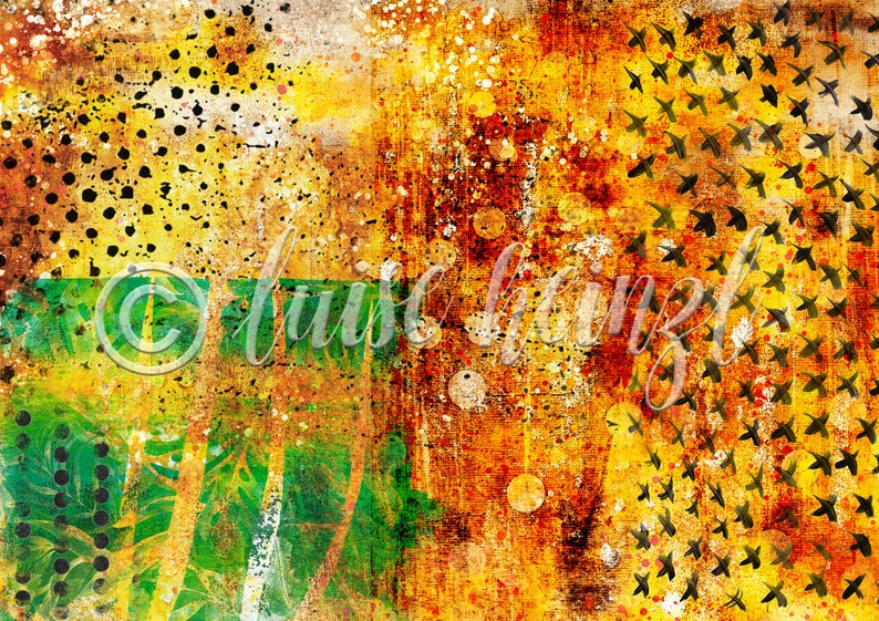 Op de afbeelding: Abstract schilderij in een geel, oranje en groene kleurstelling. Het schilderij heeft verschillende texturen, waaronder stippen, spatten en penseelstreken. Het schilderij is onderaan links gesigneerd met "Bliss Brinkl".