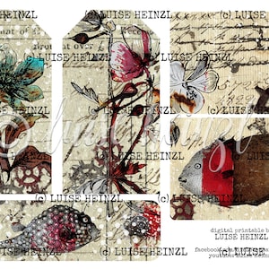 May include: Six printable digital tags with a vintage aesthetic. Each tag features a different design with a floral or fish motif. The tags are decorated with gears, handwritten text, and a distressed background.