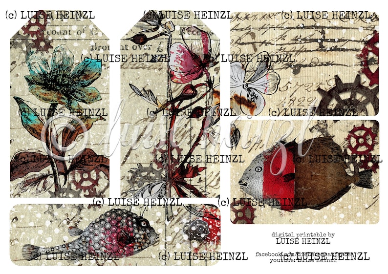 May include: Six printable digital tags with a vintage aesthetic. Each tag features a different design with a floral or fish motif. The tags are decorated with gears, handwritten text, and a distressed background.