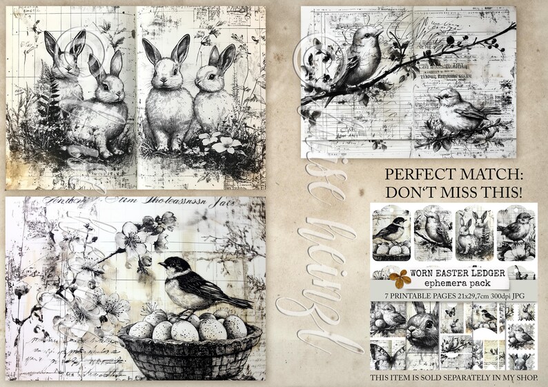 May include: A digital printable ephemera pack with 7 pages of black and white images featuring birds, bunnies, and eggs. The images are perfect for scrapbooking, card making, and other crafting projects.