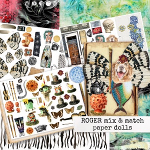 May include: A set of colorful paper dolls with a mix and match theme. The set includes a dog with butterfly wings, a teapot, a mushroom, a butterfly, a violin, a crown, a pair of legs, and other whimsical elements. The set is titled "ROGER mix & match paper dolls".