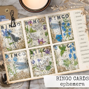 BINGO CARDS vintage junk journal ephemera, kit de diario basura, para imprimir tarjetas de bingo vintage en papel digital para revistas basura 8,5x11