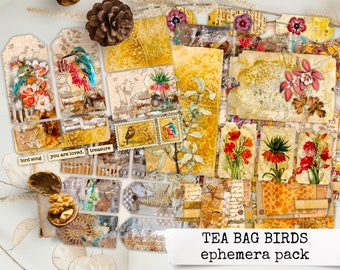 Birds Junk Journal Ephemera Kit, Tea Bag Birds, Birds Theme Printable Ephemera Pack, Scrapbooking Journal, Journal Kit, Craft Kit, DIY Kit