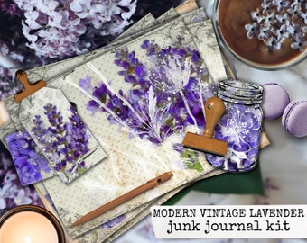 lavender junk journal kit, printable journal kit, digital collage sheets, botanical junk journal, instant download for journals & scrapbook