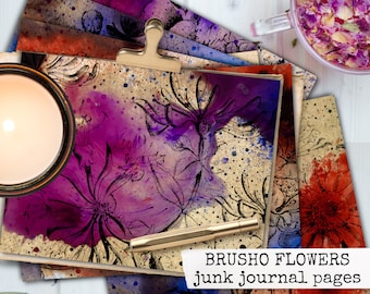 BRUSHO FLOWERS Junk Journal Papier mit brusho Blumen, digitales Papier herunterladen ausdrucken Journals, Notizbücher, Scrapbook 8,5x11