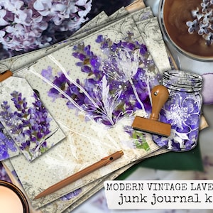 lavender junk journal kit, printable journal kit, digital collage sheets, botanical junk journal, instant download for journals & scrapbook