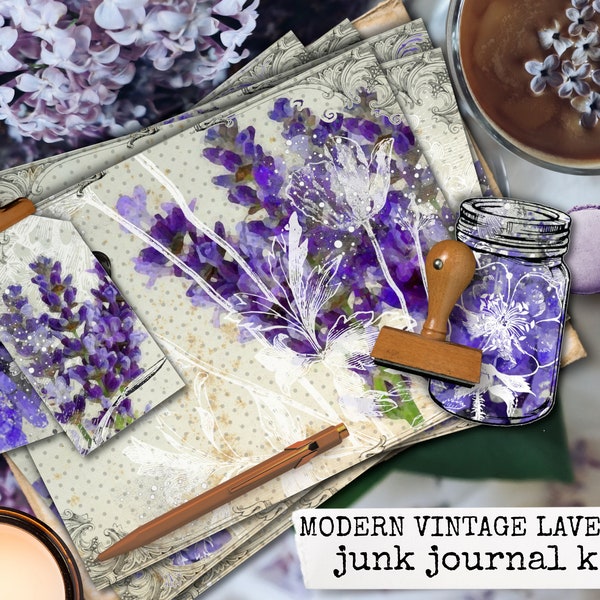 lavender junk journal kit, printable journal kit, digital collage sheets, botanical junk journal, instant download for journals & scrapbook