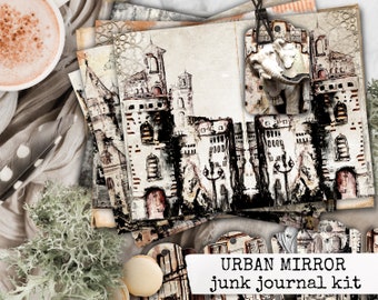 urban sketch junk journal kit, urban mirror digital printable junk journal paper, urban landscape paper for junk journals & scrapbooks
