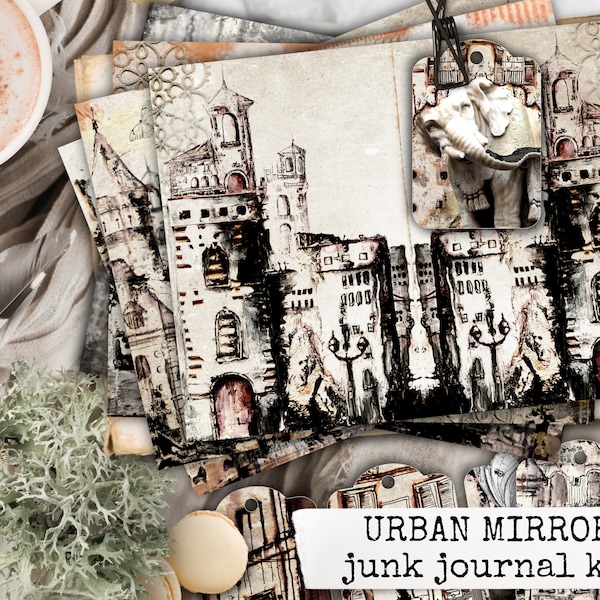 urban sketch junk journal kit, urban mirror digital printable junk journal paper, urban landscape paper for junk journals & scrapbooks