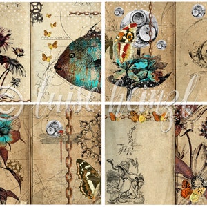 May include: A collage of six digital art images featuring a steampunk aesthetic. The images include a blue fish, a butterfly, a dragonfly, a flower, and a chain. The images are set against a background of old paper with handwritten notes and drawings.
